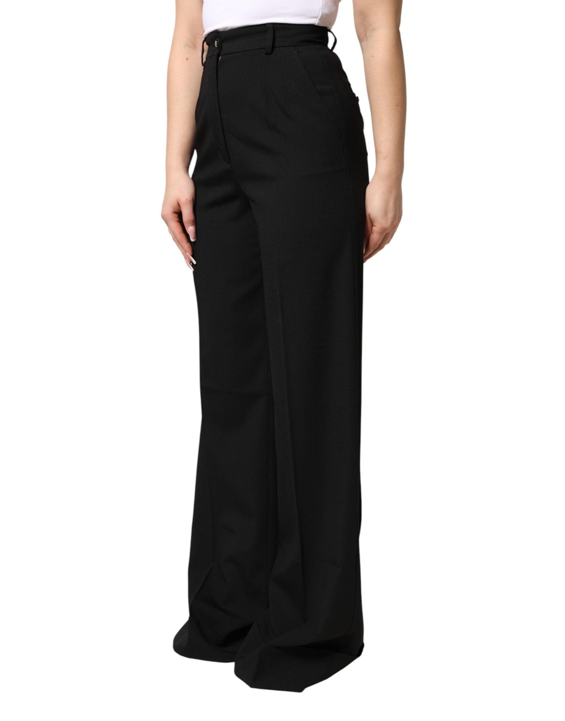 Black Wool Blend Straight High Waist Pants