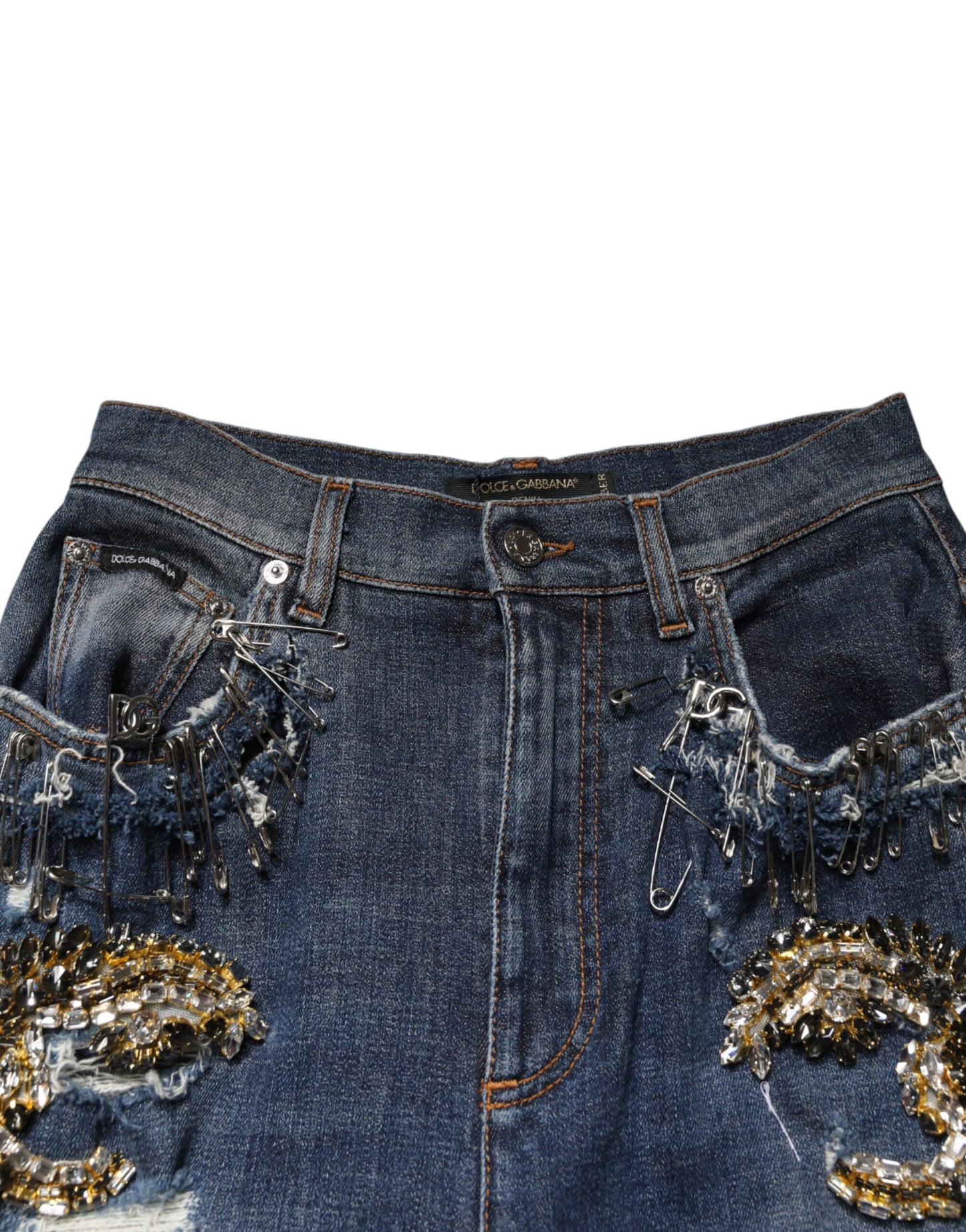 Blue Cotton Rhinestone Embellish Denim Jeans