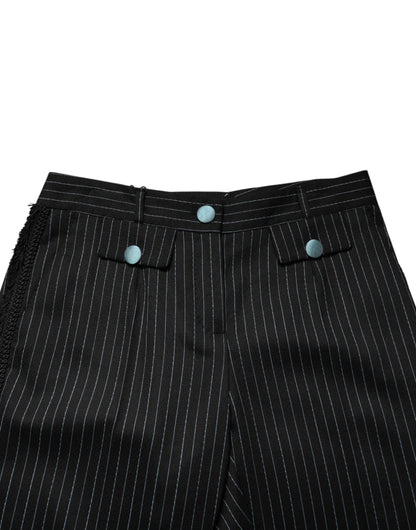 Black Wool Stripes Cropped Trouser Pants