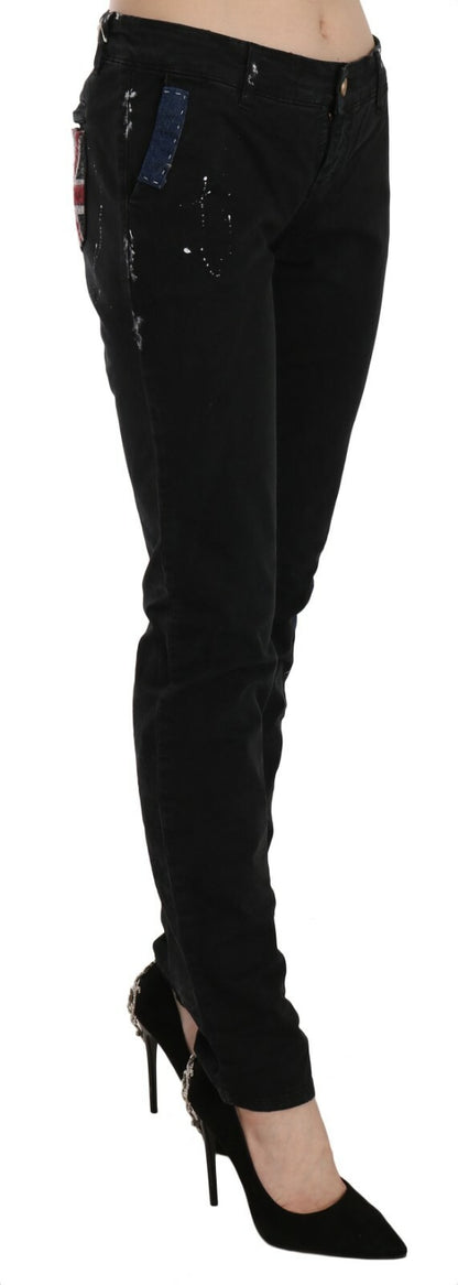 Black Low Waist White Paint Skinny Denim Pants Jeans