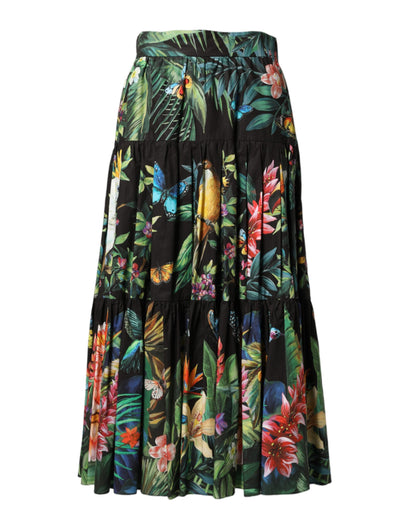 Black Cotton Floral High Waist Midi Skirt