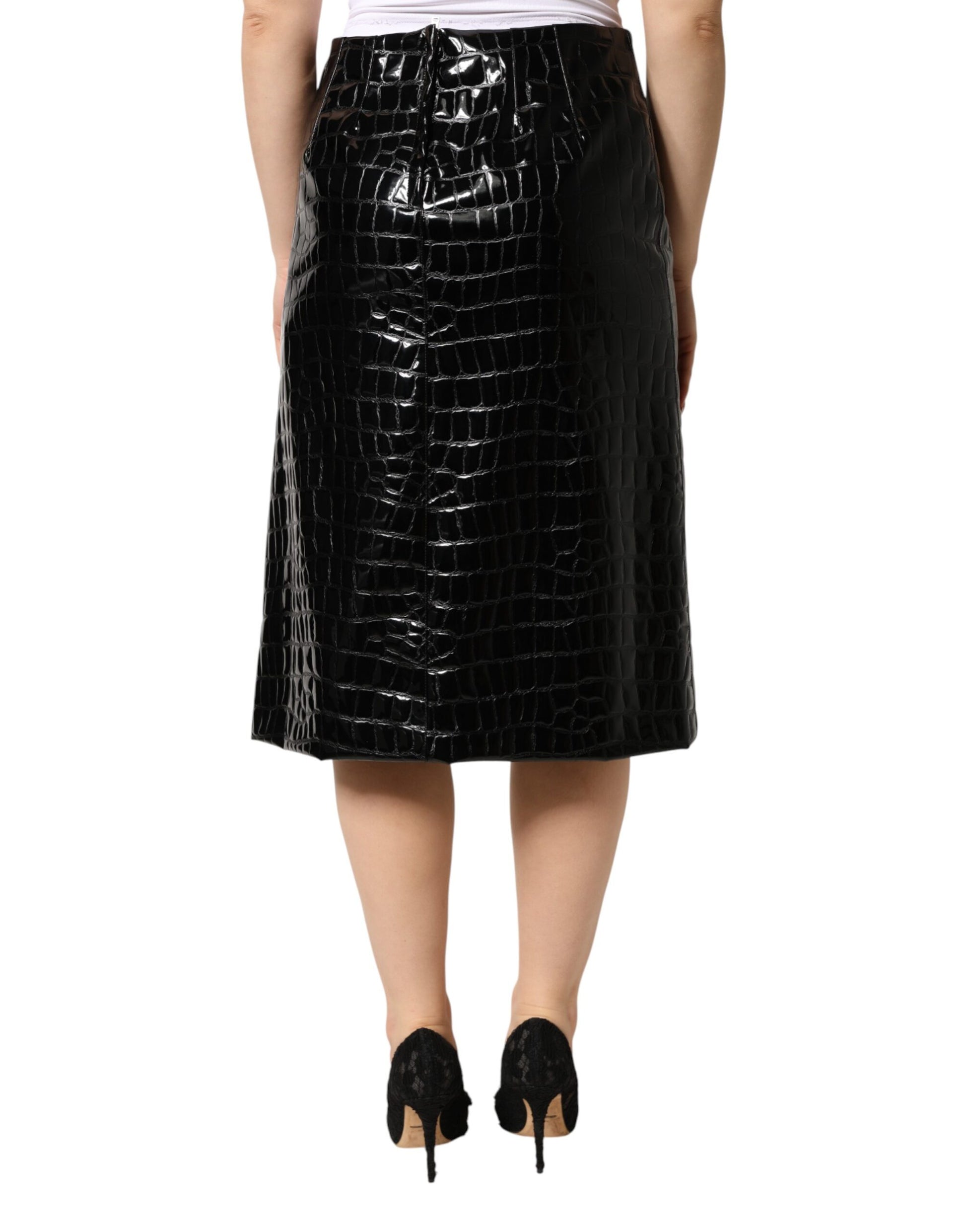 Black Croc Faux-Leather Mid Waist Midi Skirt