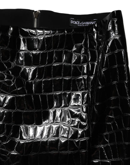 Black Croc Faux-Leather Mid Waist Midi Skirt