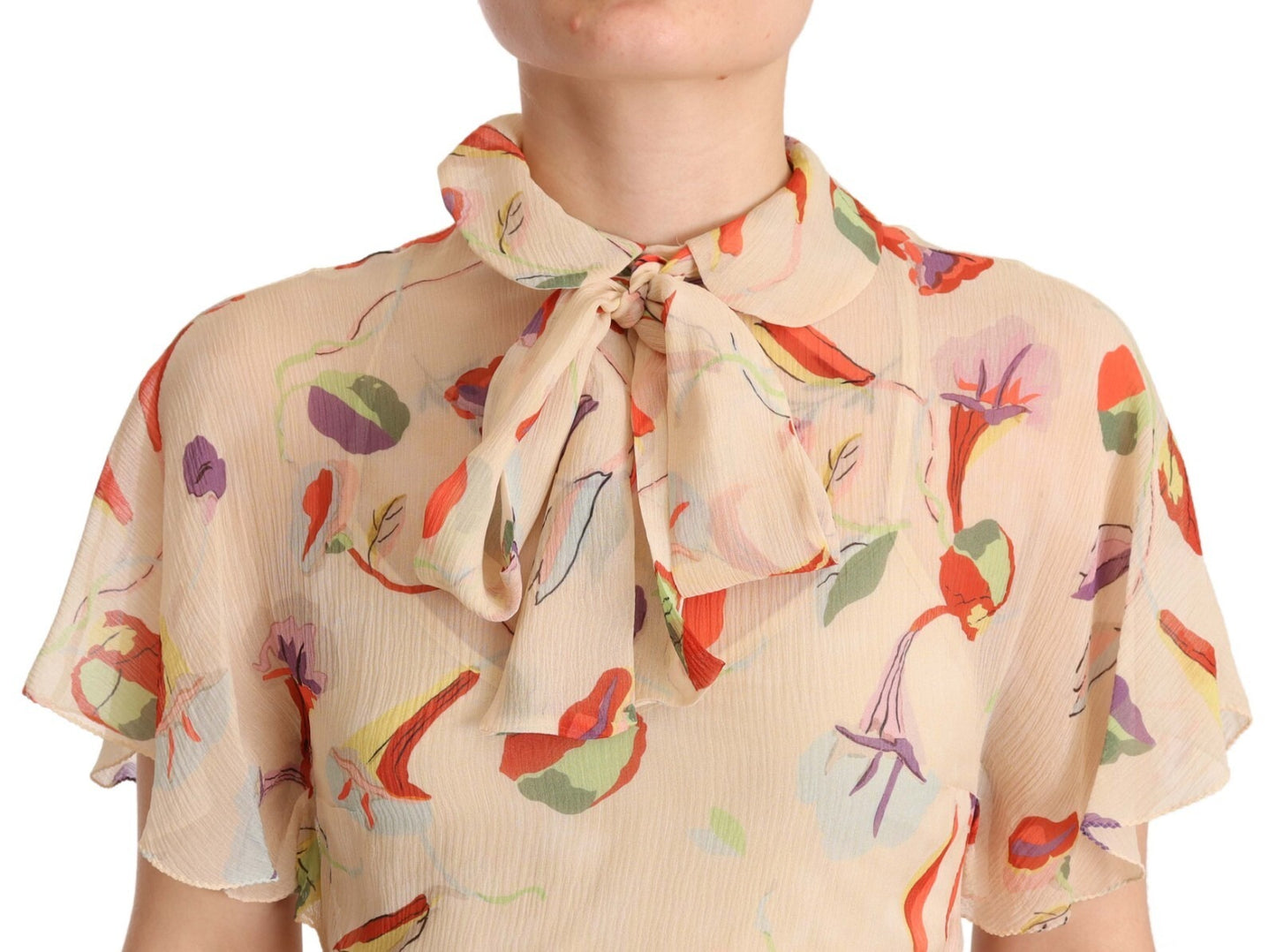 Beige Ascot Collar Short Sleeves Aline Mini Dress