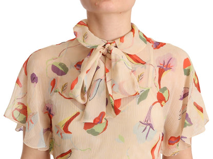 Beige Ascot Collar Short Sleeves Aline Mini Dress