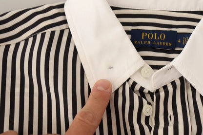 Black White Striped Long Sleeves Collared Top