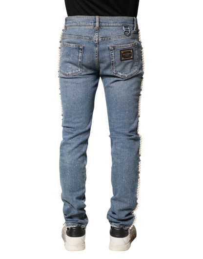 Blue Embellished Cotton Skinny Denim Jeans