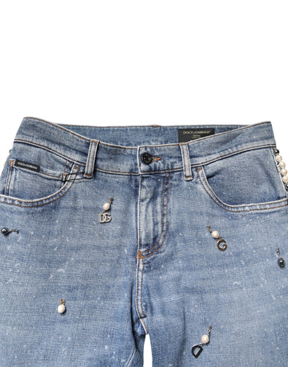 Blue Embellished Cotton Skinny Denim Jeans