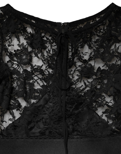 Black Lace Trim Cotton Sheath Midi Dress
