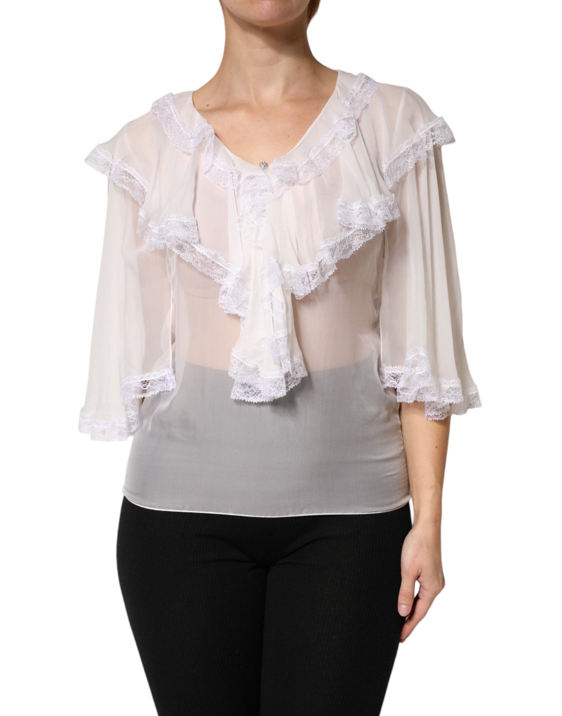 White Ruffles Lace Long Sleeve Blouse Top