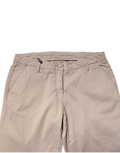 Beige Cotton Stretch Straight Mid Waist Trouser Pants