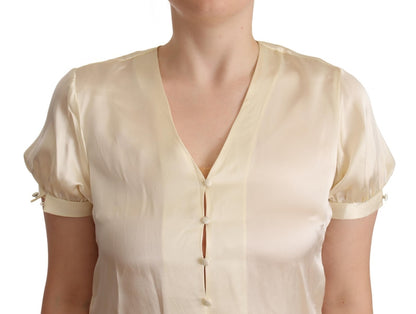 Blouse Off White Silk Short Sleeves V-neck Top