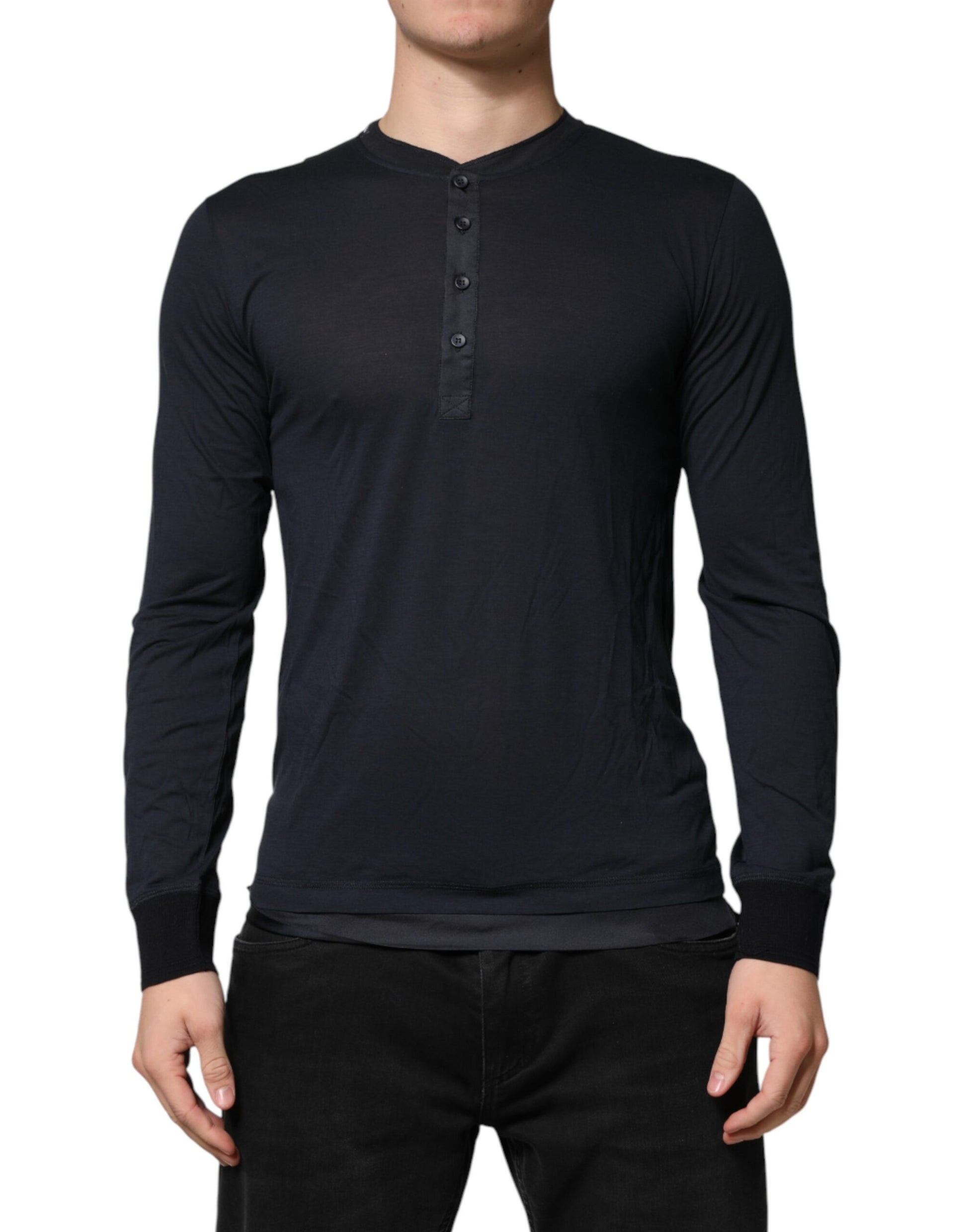 Dark Blue Cotton Henley Long Sleeves T-Shirt