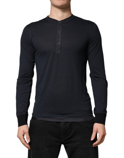 Dark Blue Cotton Henley Long Sleeves T-Shirt