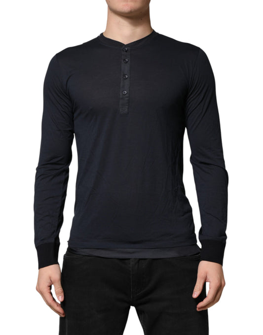 Dark Blue Cotton Henley Long Sleeves T-Shirt