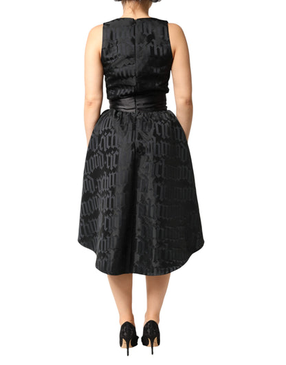 Black Jacquard Deep V-neck Sleeveless 2 Pc Dress