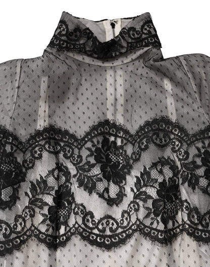 Black White Lace Silk Blend MaxiSheath Dress