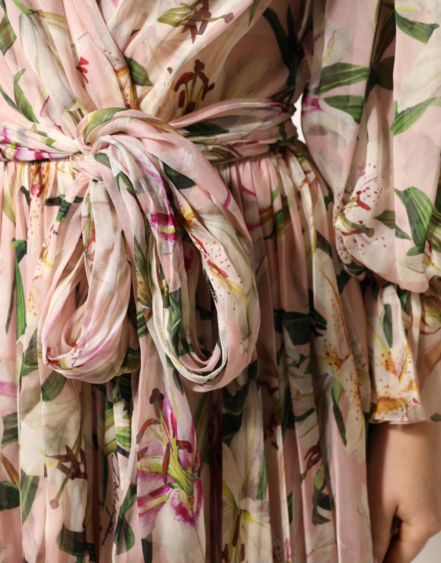 Pink Lily Print A-line Pleated Maxi Dress