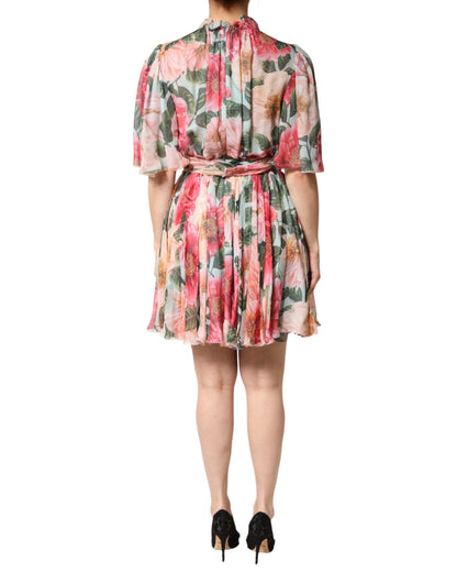 Multicolor Floral Silk Chiffon Pleated Mini Dress