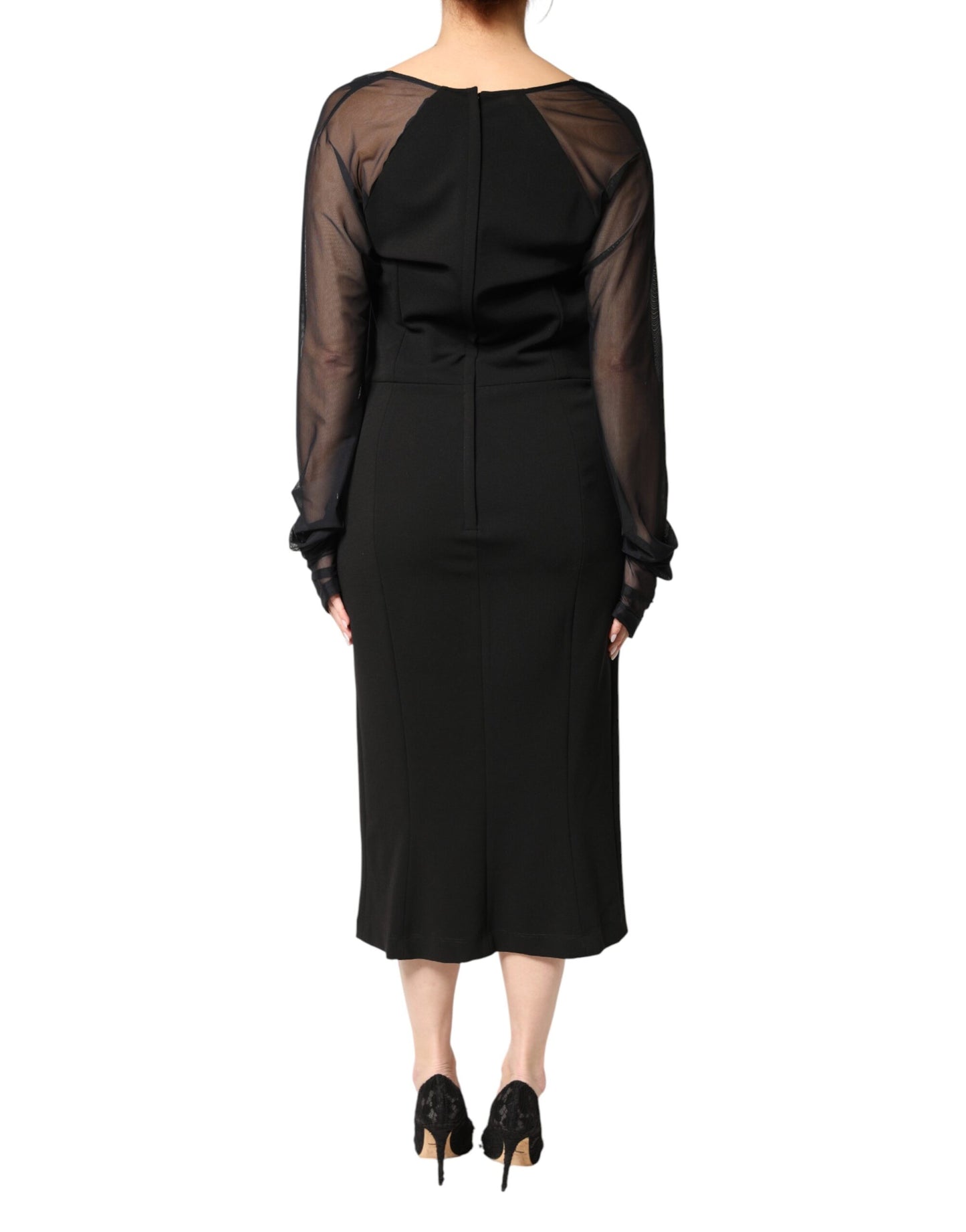 Black Sheer Yoke Rosette Sheath Midi Dress