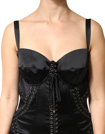 Black Satin Acetate Lace Eyelets Mini Dress