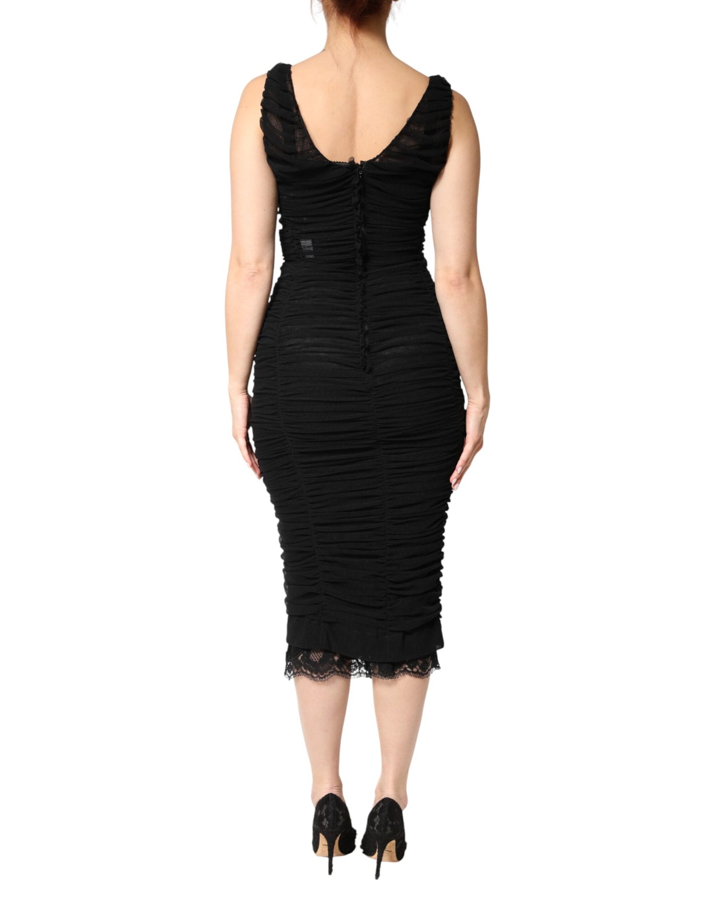 Black V-Neck Ruched Lace Hem Midi Dress