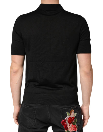 Black Silk Collared Short Sleeve Polo  T-shirt