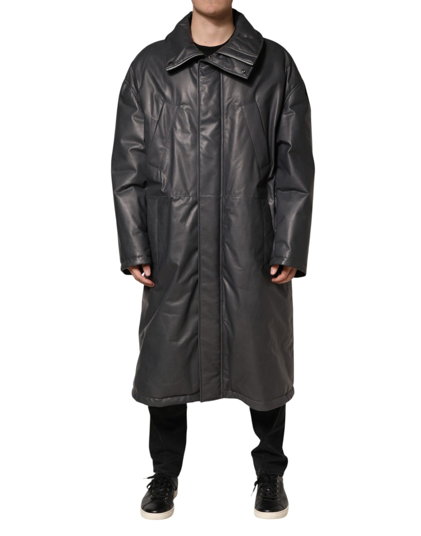 Black Leather Collared Trench Coat Jacket