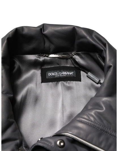 Black Leather Collared Trench Coat Jacket