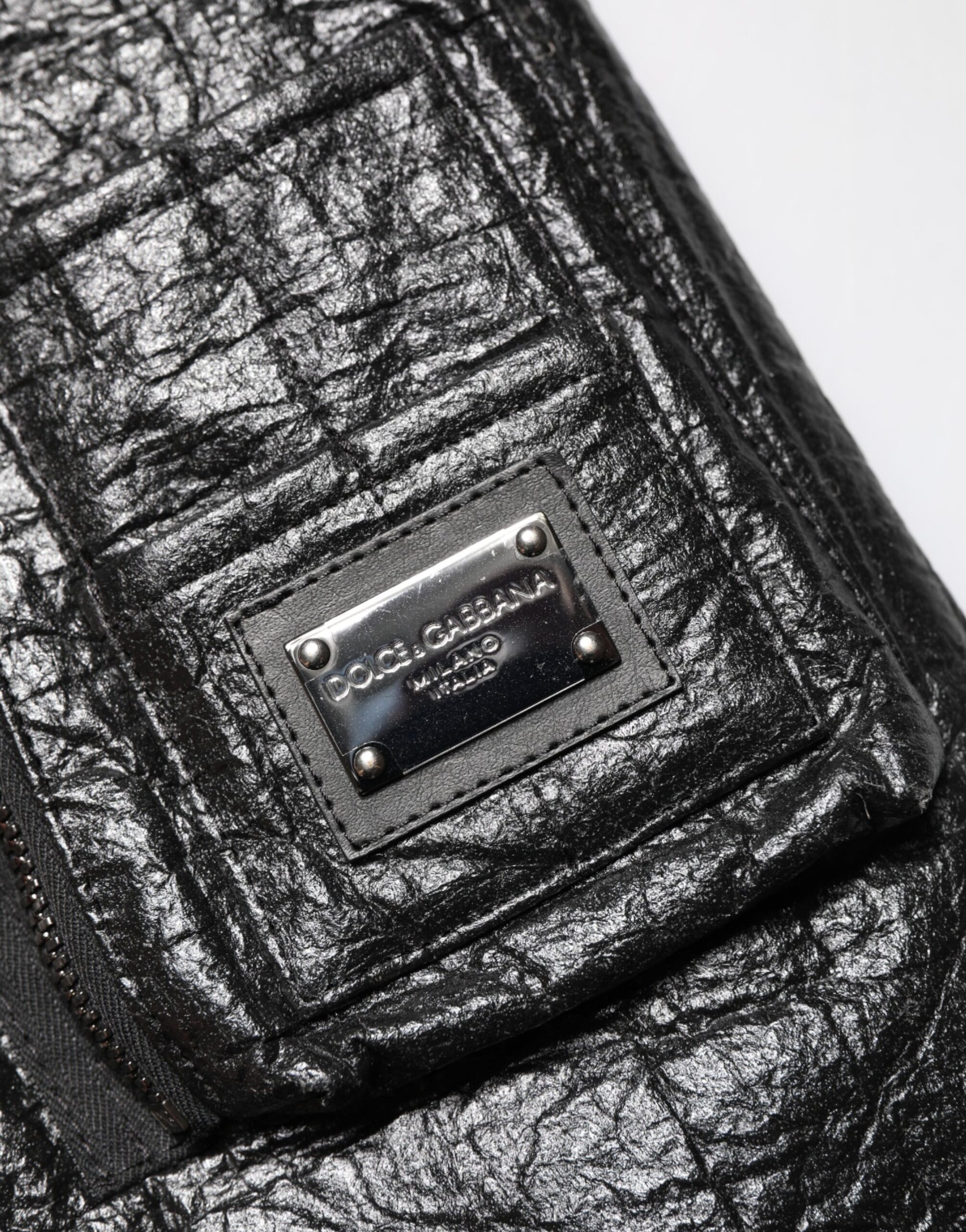 Black Cellulose Leather FullZip Biker Jacket