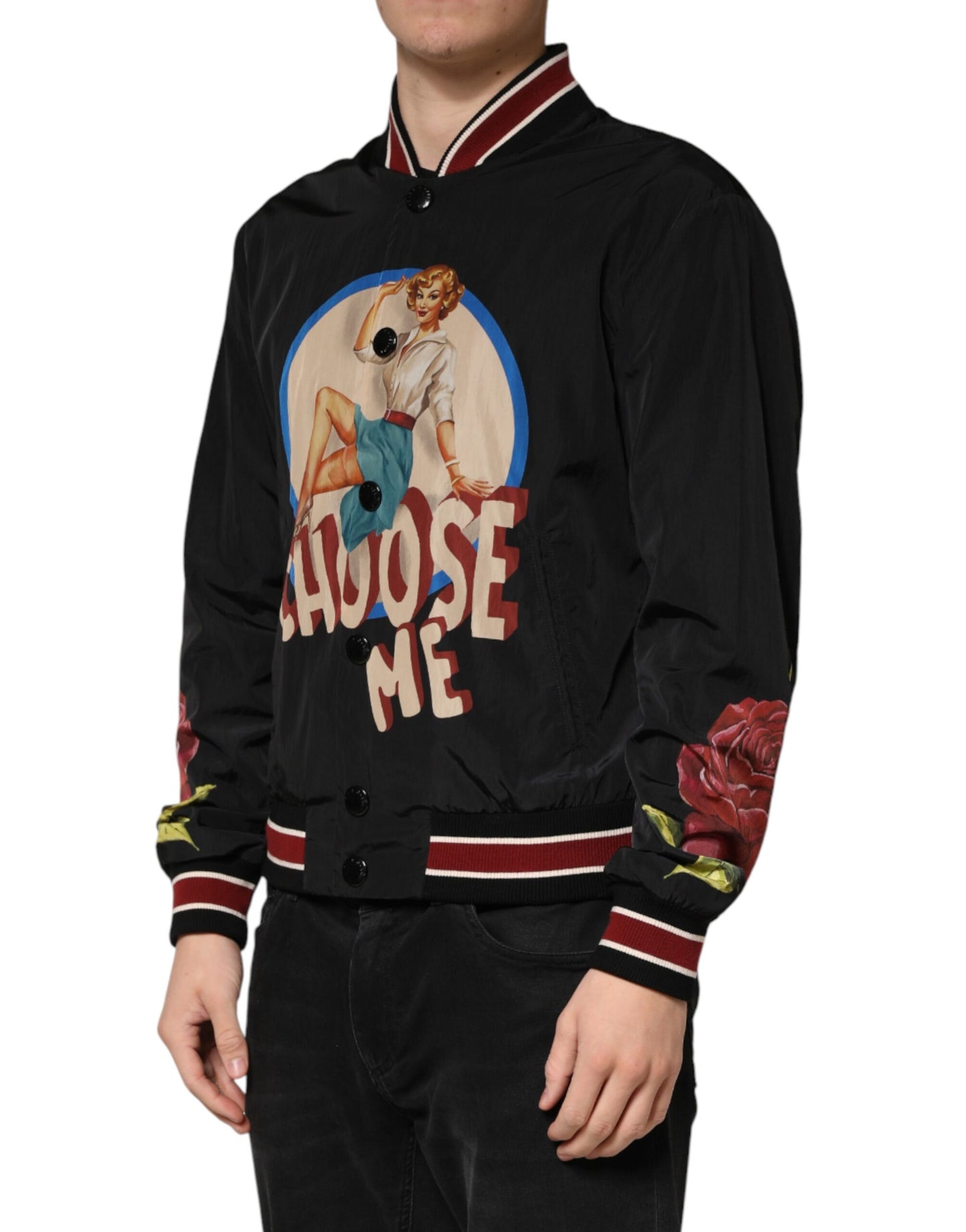 Black Pin Up Button Down Men Bomber Jacket