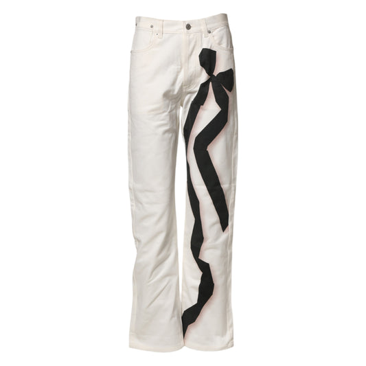 White Straight Bow Details Denim Casual Jeans